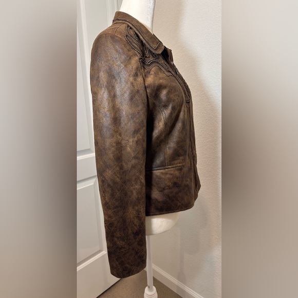 Western style faux leather jacket brown w beads and zipper size small to medium - Picture 6 of 16